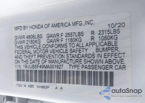 2021 Acura Tlx Technology Package from USA, damaged, VIN 19UUB5F49MA001927